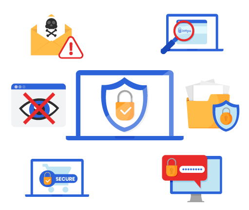 Email icons and laptops shielded by a lock vector